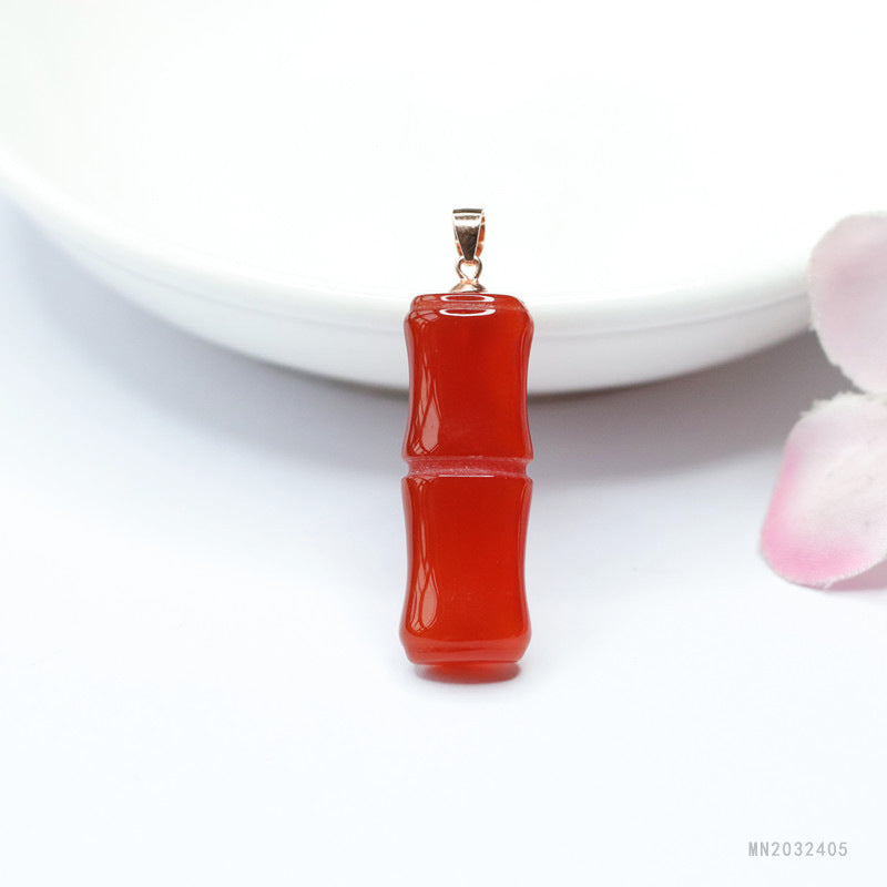 Red Agate Bamboo Silver Pendant — No Chain