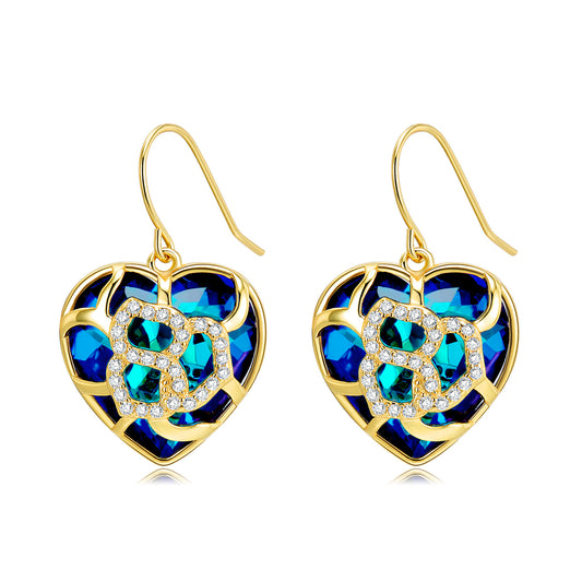 Heart Shape Pendant Hollow Pattern Blue Zircon Silver Hook Earrings