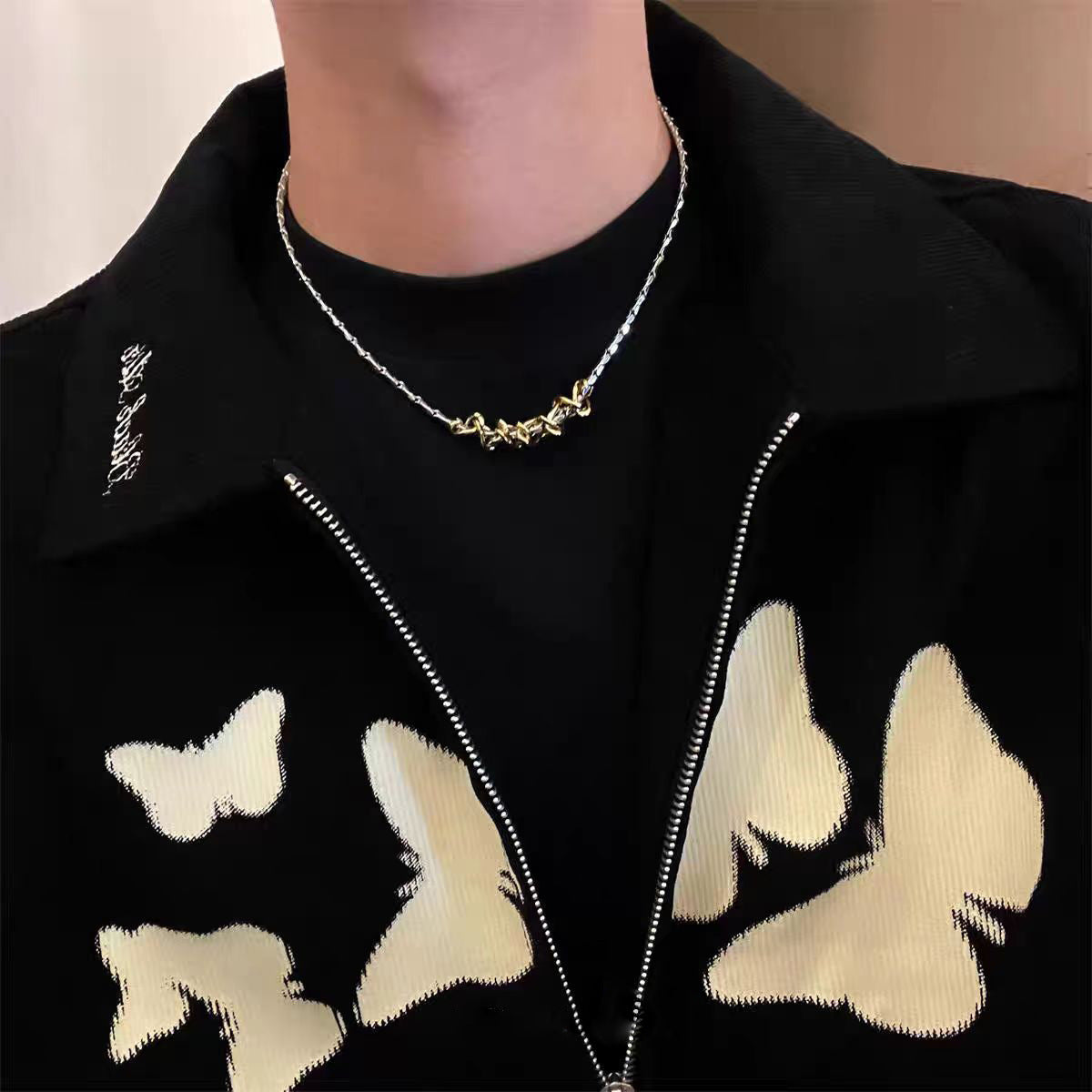 Planderful Jewelry Twisted Gold And Silver Titanium Steel Necklace For Men And Women