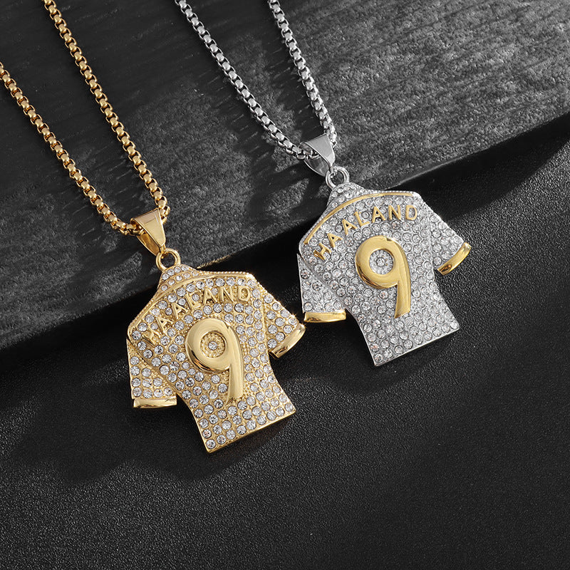 Planderful Bold Hip Hop Necklace Titanium Steel Gold Plated Zircon Football Jersey No 9 Pendant For Men