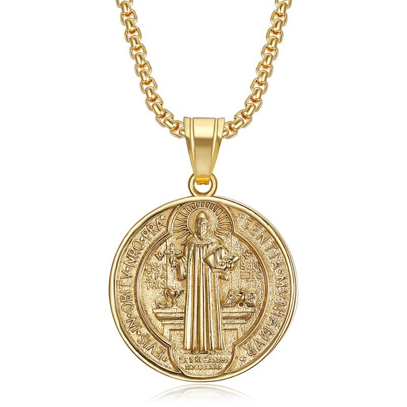 Planderful Saint Benedict Exorcism Pendant Necklace In Titanium Steel Gold Plated For Hip Hop Fans