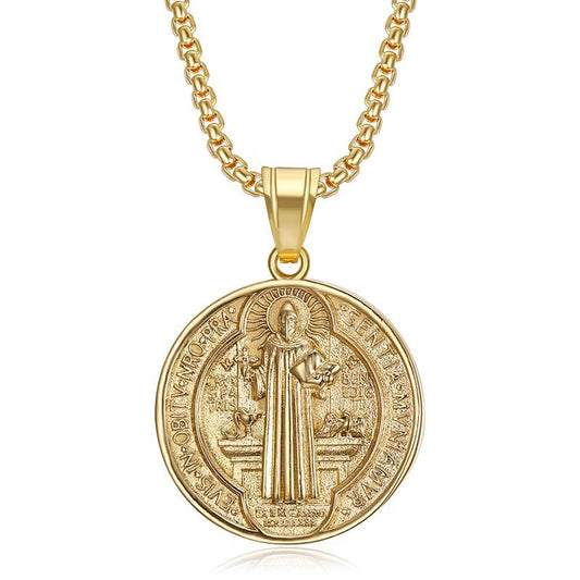 Saint Benedict Exorcism Pendant Necklace By Planderful Titanium Steel Gold Plated For Hip Hop Fans