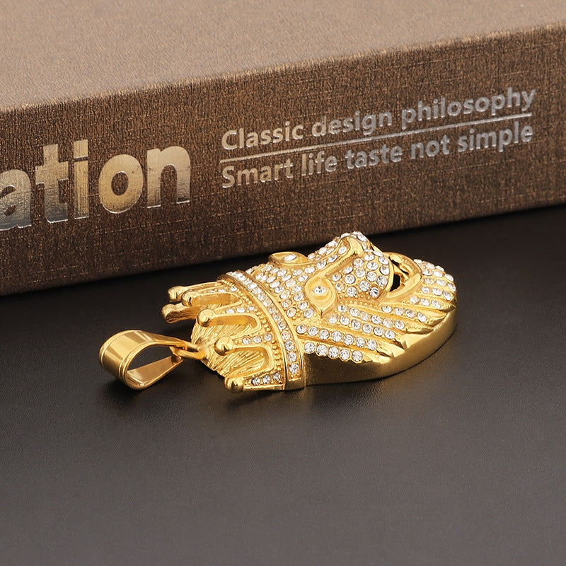 Golden Crown Lion Head Pendant - Hip-Hop Inspired Men's Accessory with Full Zircon Details