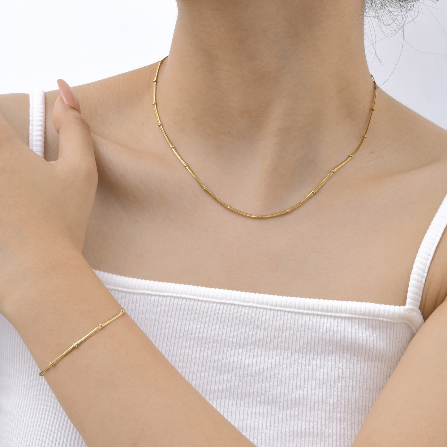 Gold Necklace – Stainless Steel Flat Snake Chain – Bead Bracelet