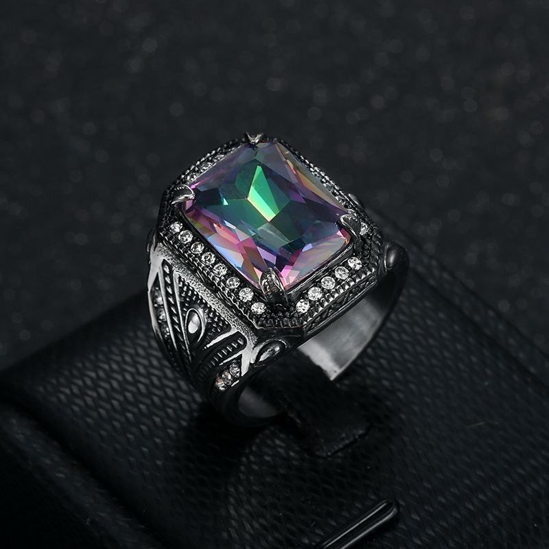 Planderful Titanium Steel Ring For Men Retro Punk Style With Colorful Inlaid Synthetic Gemstones