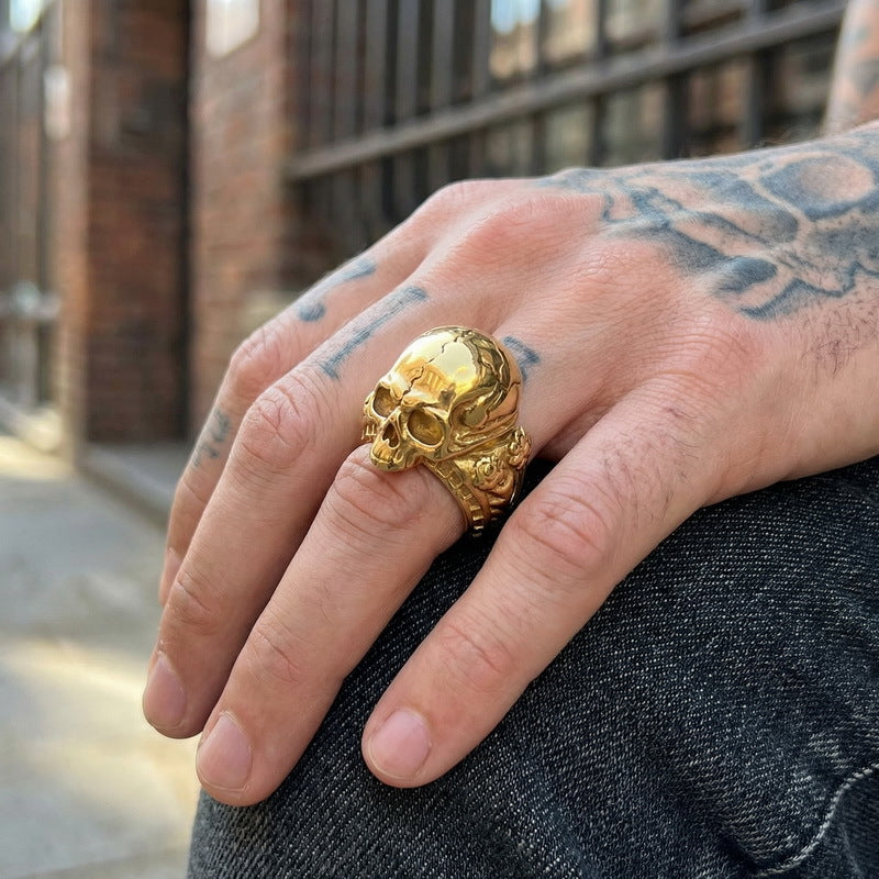 Gothic Ghost Head Ring, Punk Style Retro Dark Crack Skull Stainless Steel Men's