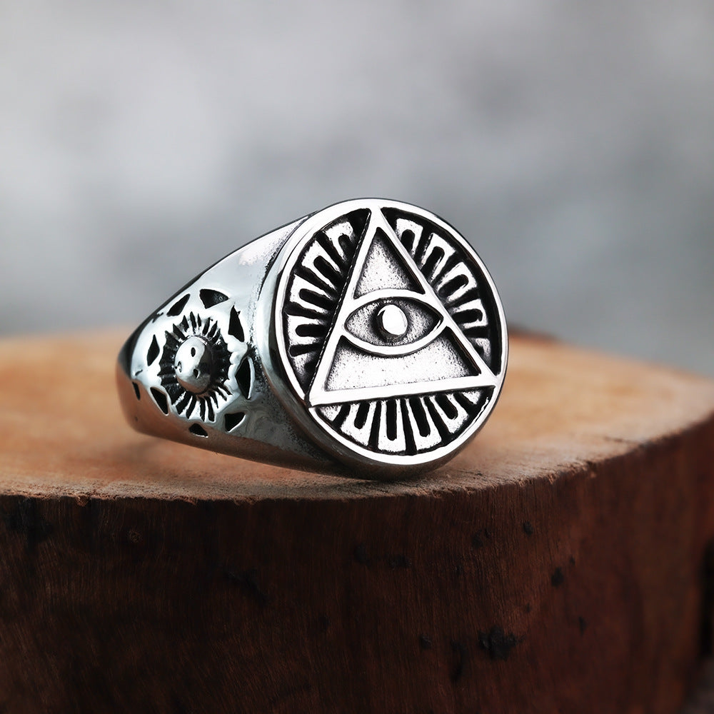 Planderful Masonic Ring For Men Premium Polished Titanium Steel With Eye Of God Sun Ray Motif