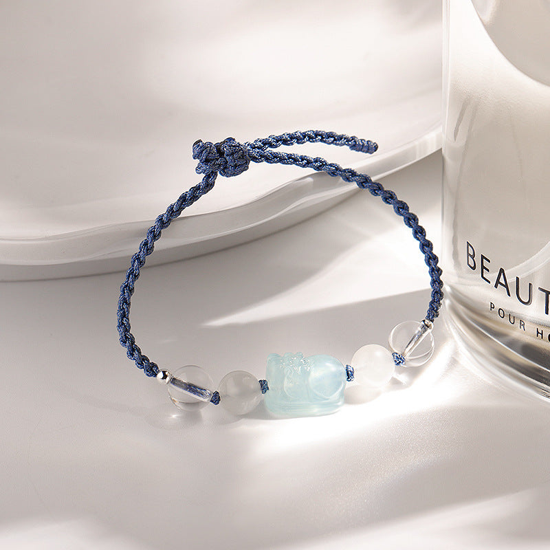 Blue Moonlight Crystal Sterling Silver Bracelet with Sea Blue Treasure Pixiu