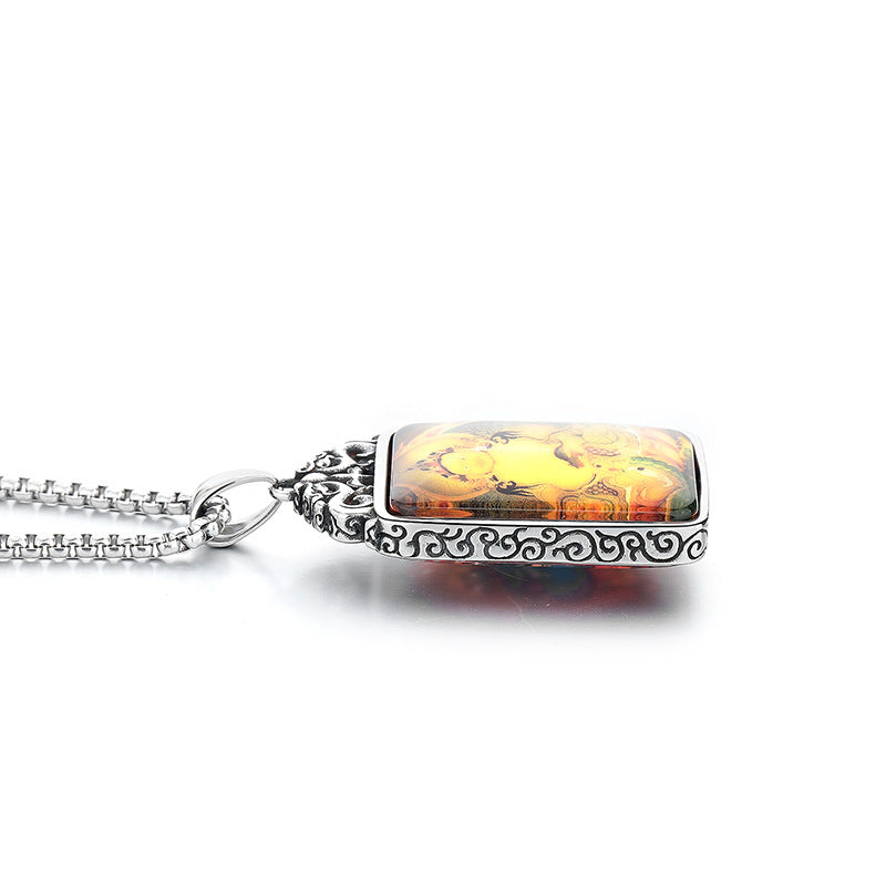 Steel Necklace - Vintage Ethnic Thangka Double-Sided Pendant For Everyday Boho Wear