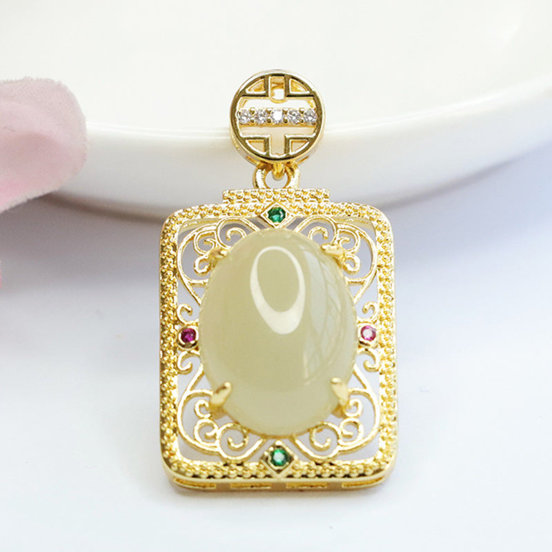 Jade Hollow Square Pendant in Palace Style with Natural Oval Hetian Jade