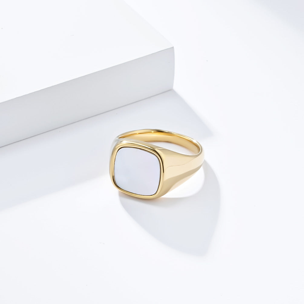 Planderful Titanium Steel Ring Unisex Square Seal With Shell Inlay Light Luxury Fashion Jewelry