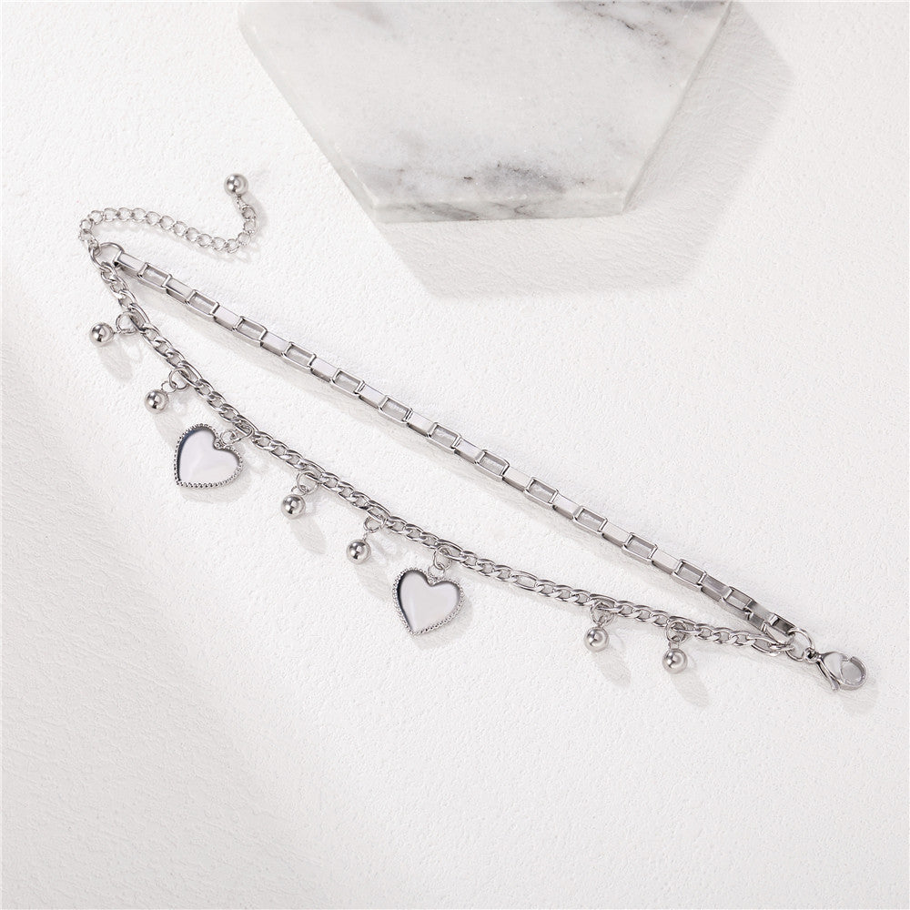Planderful Double Layer Peach Heart Bead Bracelet Titanium Steel For Women Statement Jewelry
