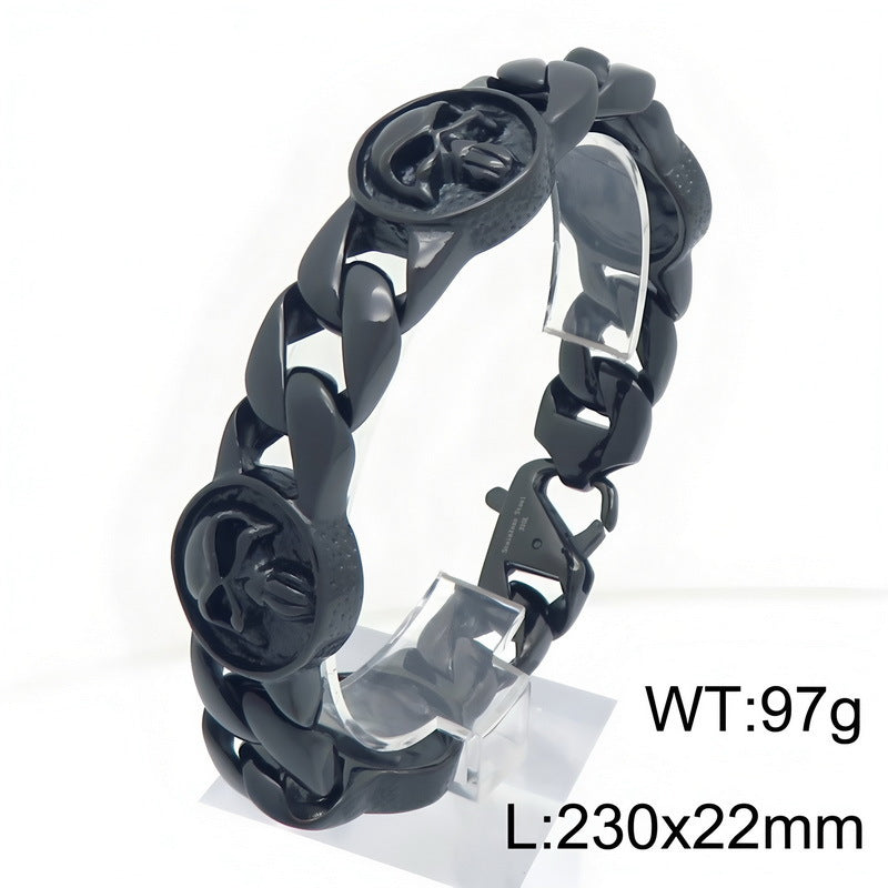 Dark Old 22mm Wide Cuban Chain Layered Skull Round Plate Stainless Steel Bracelet