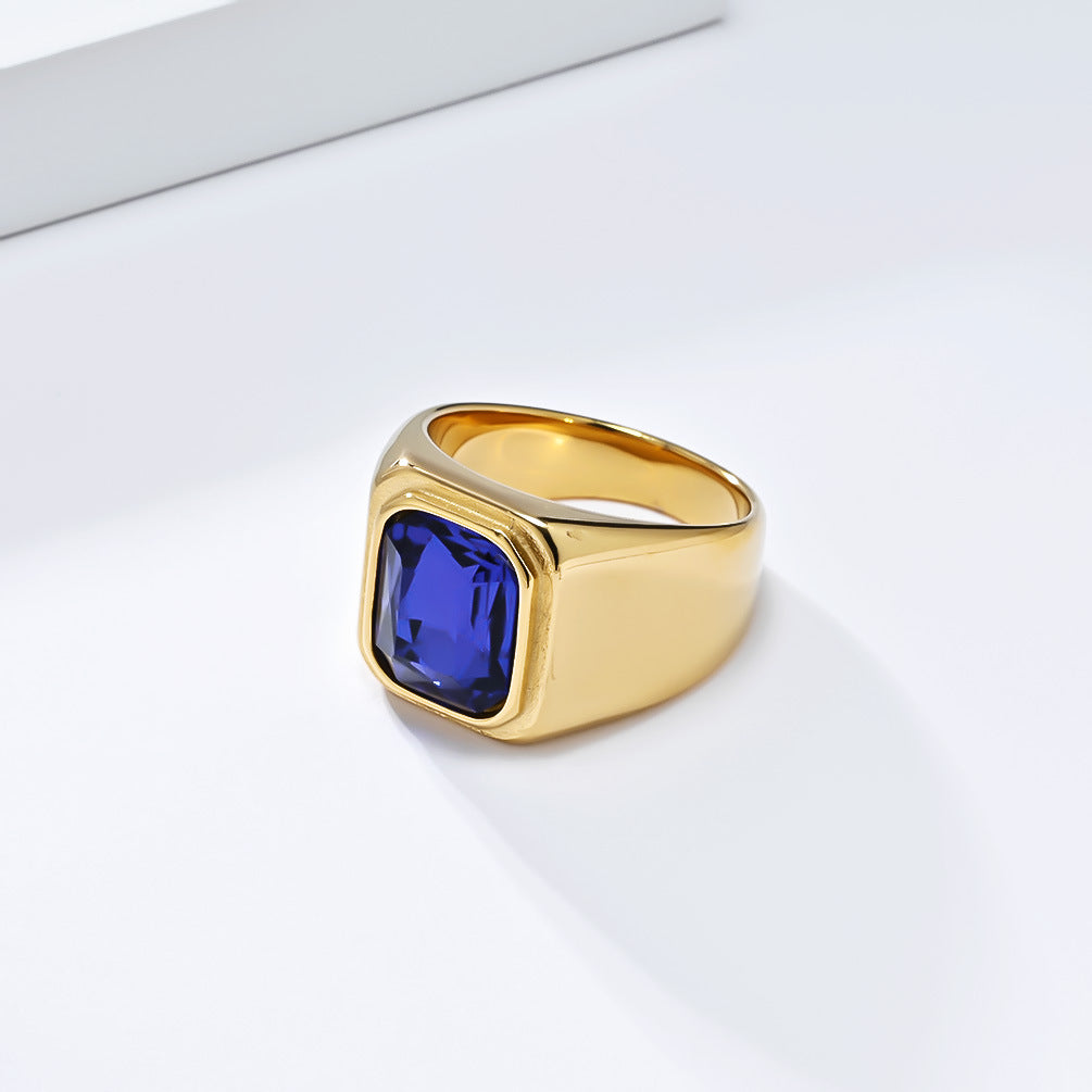 Planderful Personalized Light Luxury Men's Square Gemstone Ring Titanium Steel Gold-Plated