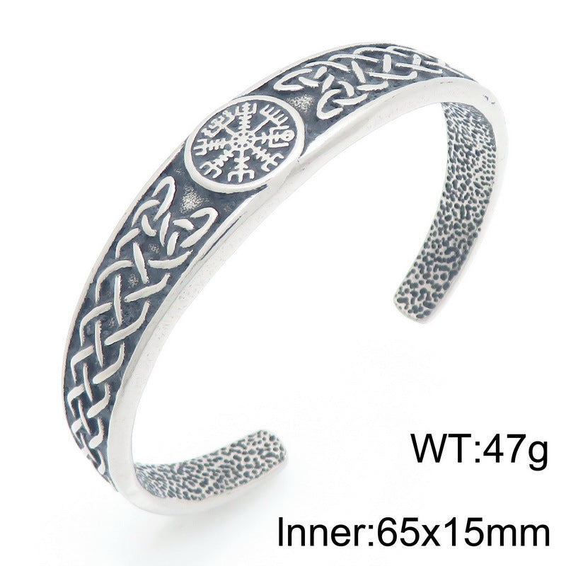 Rune – Nordic Viking Celtic Knot Double Wolf Head Titanium Steel Men's Opening Bracelet