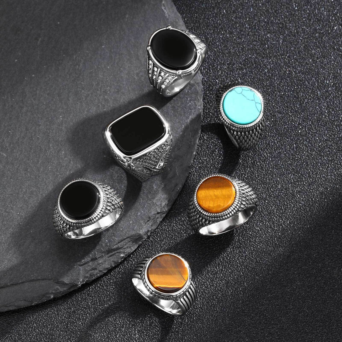 Stainless Steel Ring Square Glass Stone Oval Natural Tiger's Eye Agate