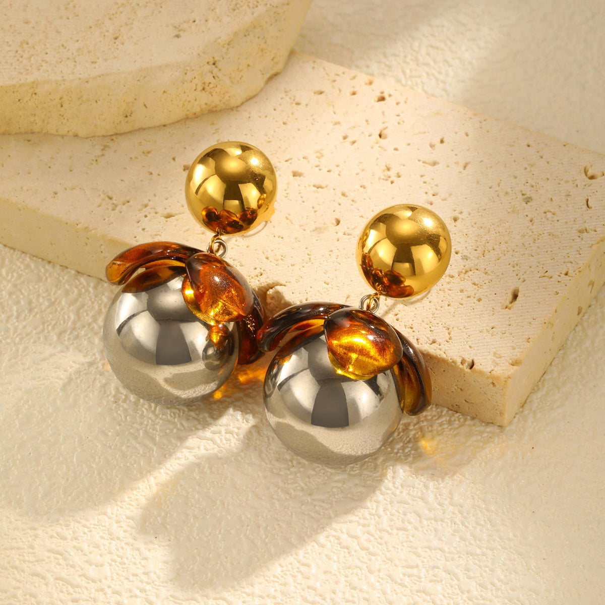 Amber Petal Two-Tone Statement Drop Earrings