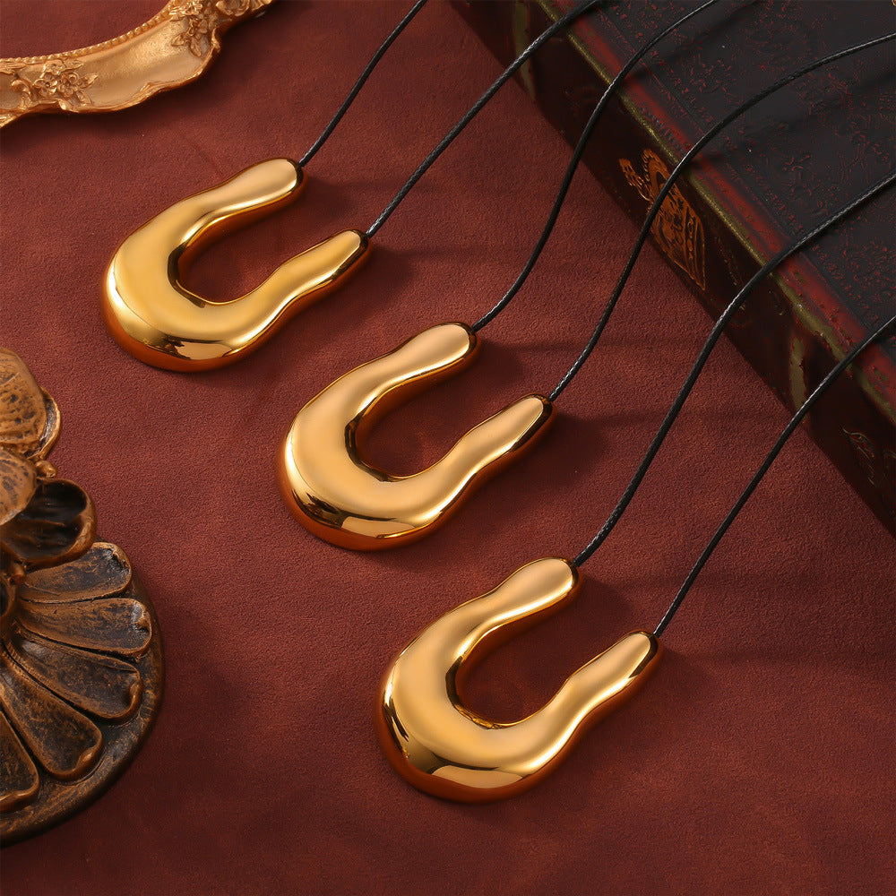 Chic Geometric Pendant Leather Necklace with Titanium Steel Rope