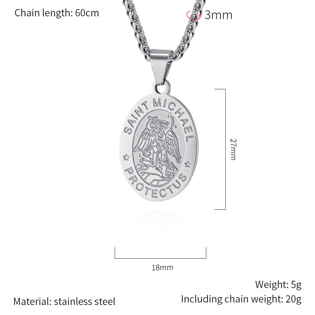Patron Saint Archangel Oval Medal Pendant Titanium Steel Unisex Necklace By Planderful Everyday Genie Protection Gift