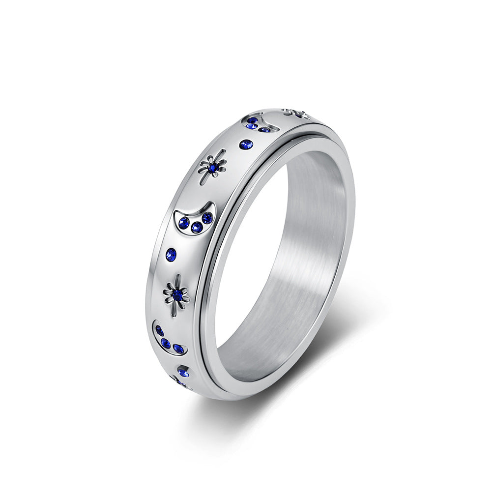 Star & Moon Zircon Spinner Stainless Steel Ring Unisex