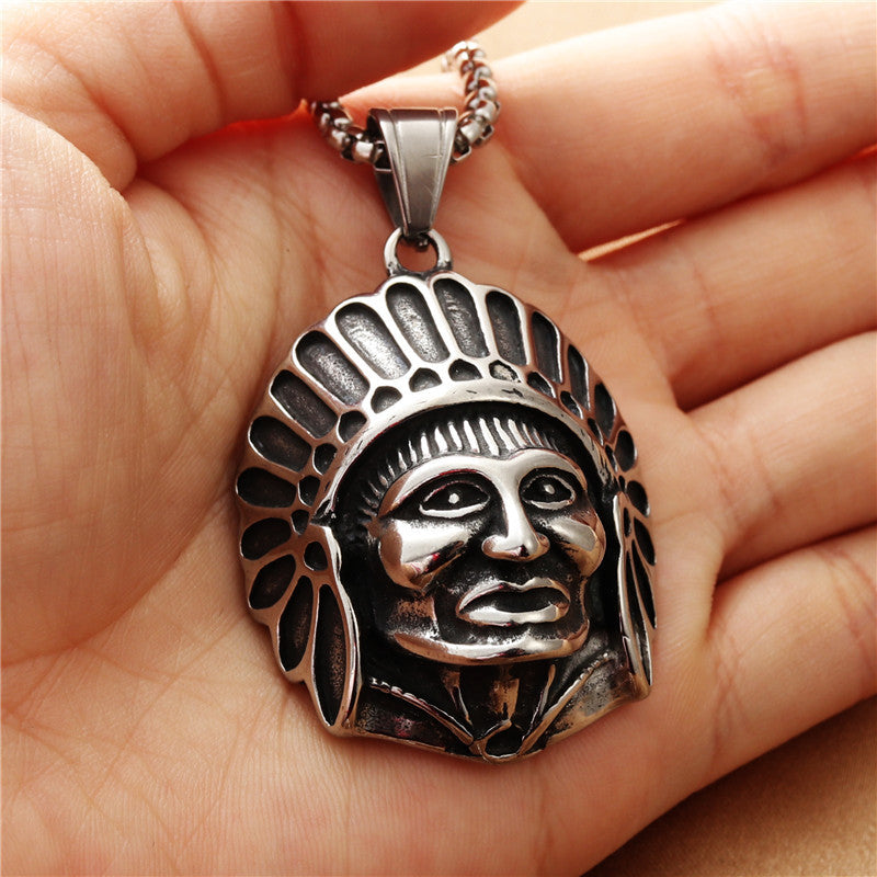 Titanium Steel Vintage Indian Portrait Pendant Necklace for Men - Trendy Punk Style