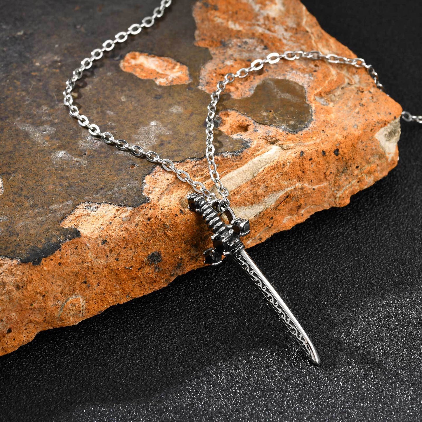 Planderful Black Zircon Sword Pendant Stainless Steel Men