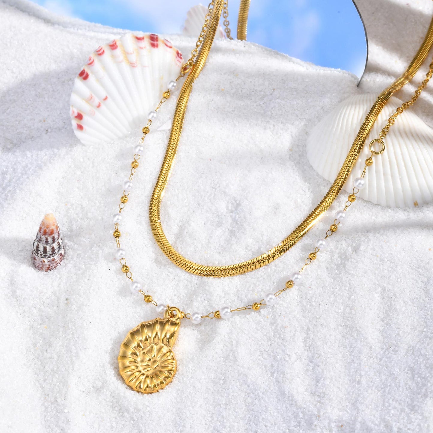 Summer Seaside Vacation Leisure Ocean Wind Stainless Steel Conch Double Layer Stacked Necklace