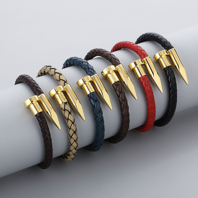 Cowhide Woven Stainless Steel Nail Bracelet – Men's Magnetic Buckle Leather Bracelet