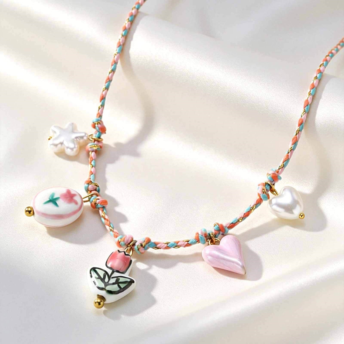 Dopamine Necklace Stainless Steel Ceramic Flower Heart Shaped Imitation Pearl Braided