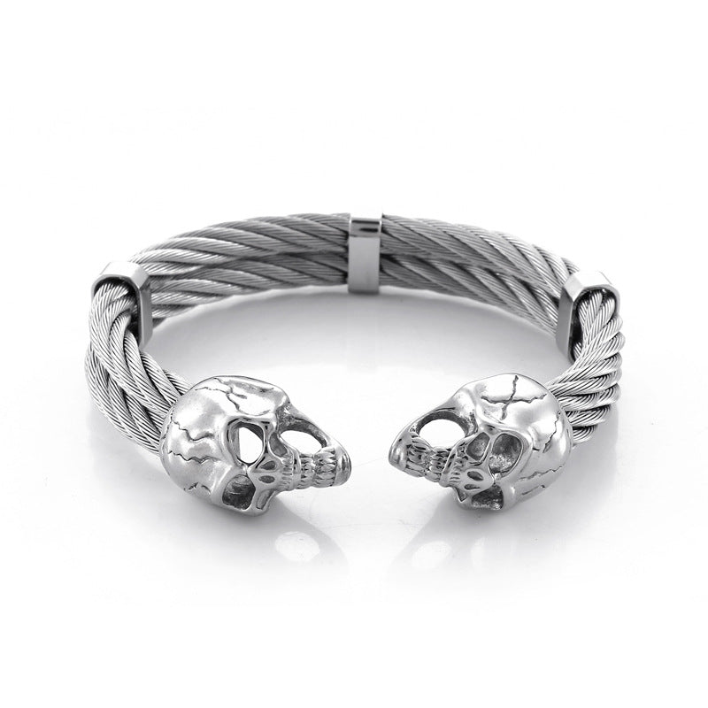 Punk Double Skull Steel Wire Men's Titanium Steel Bracelet