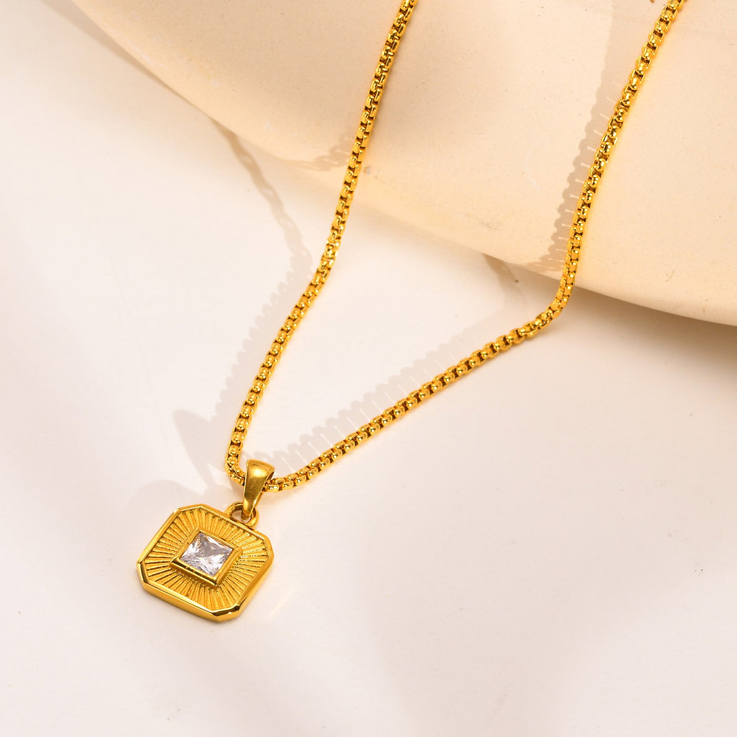 Stainless Steel Zircon Square Pendant Necklace Gold Women