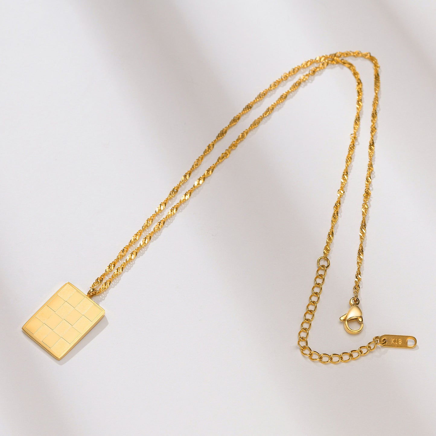 Stainless Steel Gold Checkerboard Geometric Pendant Necklace