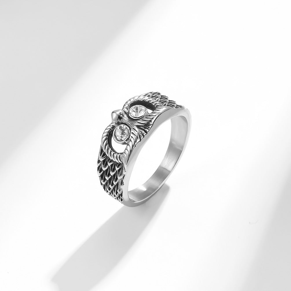 Planderful Titanium Steel Owl Zircon Ring Unisex Hip Hop Style Jewelry for Men and Women