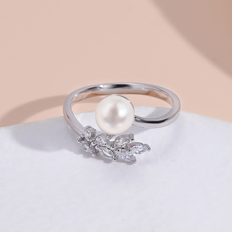 Zircon Leaf Pearl Opening Sterling Silver Ring