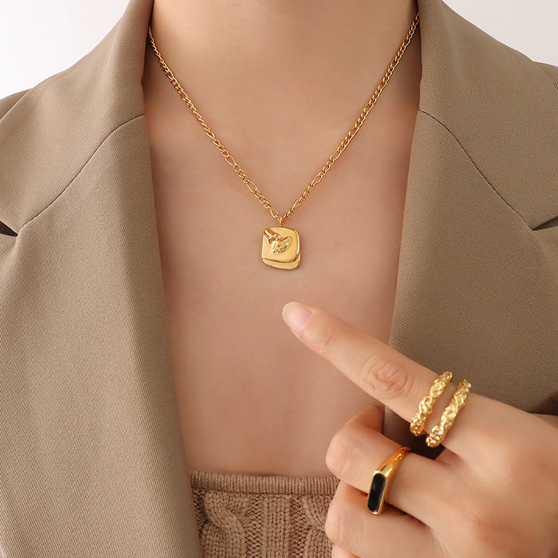 Extravagant Square Card Pendant Necklace in Titanium Steel Plated with 18K Gold