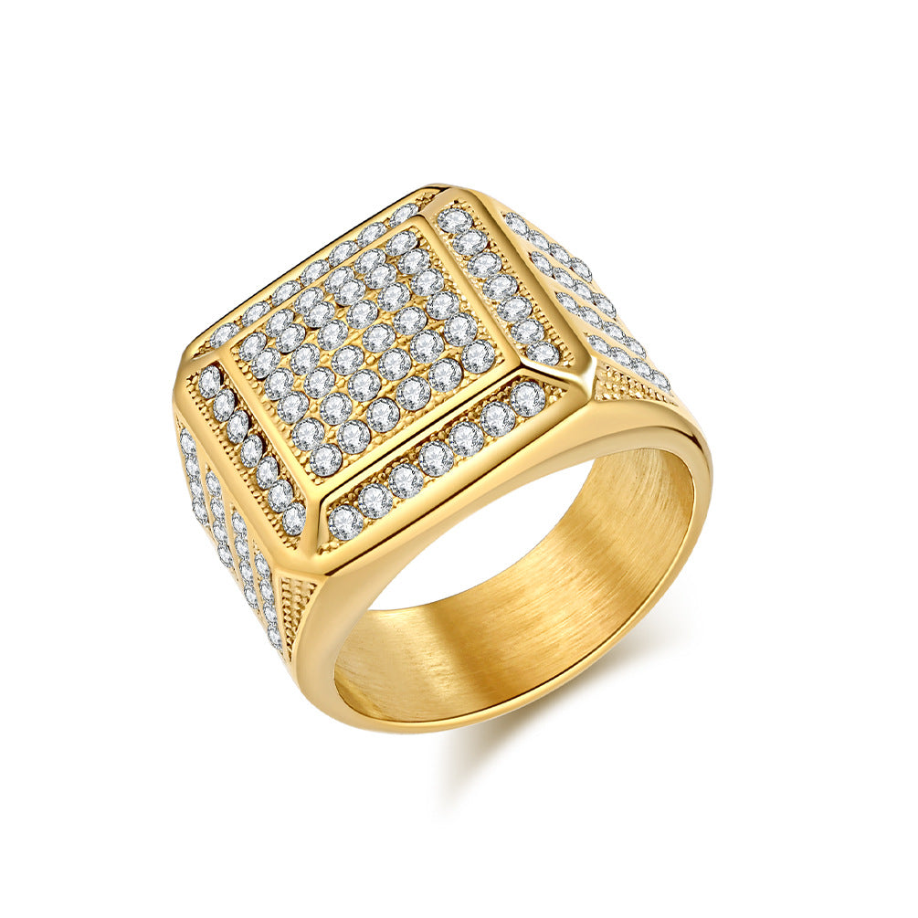 Planderful Everyday Genie Luxe Gold Plated Titanium Steel Ring With Zircon Inlay For Unisex Hip Hop Fashion Size 7 To 13
