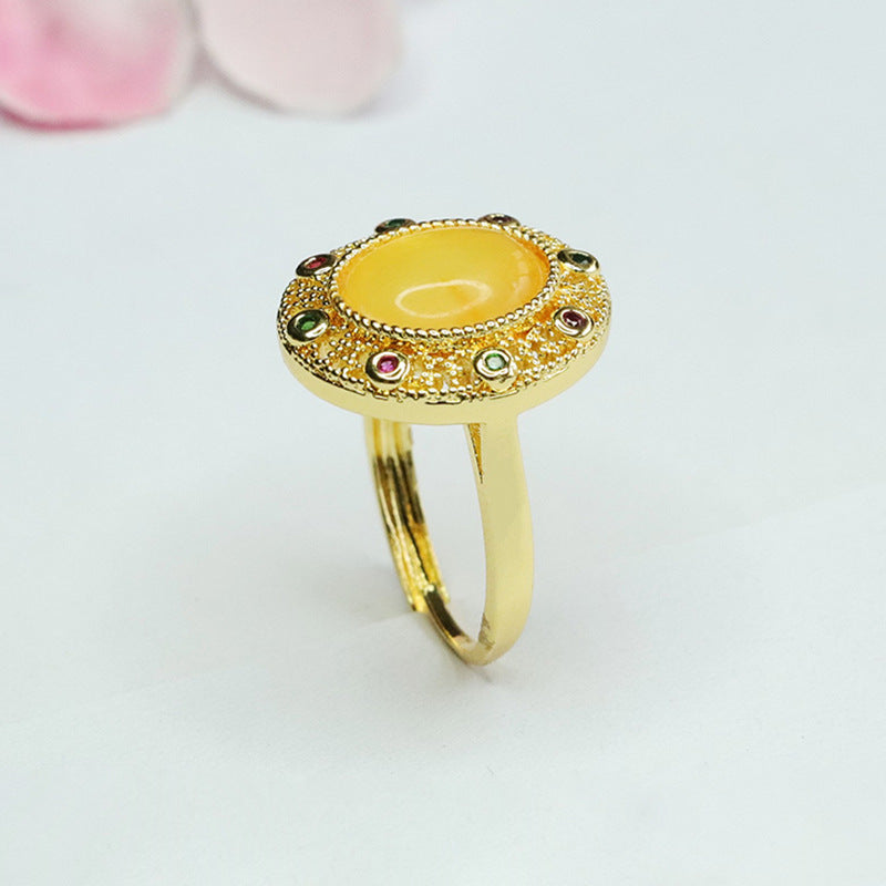 Hollow Honey Amber Zircon Silver Ring with Beehive Charm