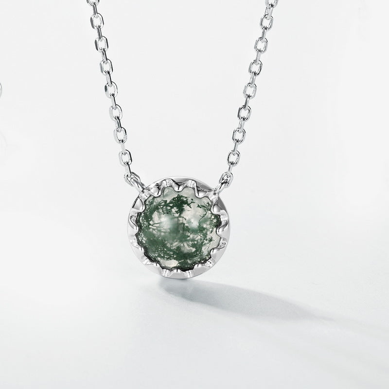 Planderful Jewelry Moss Agate Necklace in Sterling Silver With Zircon Inlays Elegant Retro Style