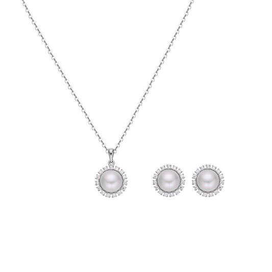 Zircon Halo Round Pearl Silver Necklace Earrings Set