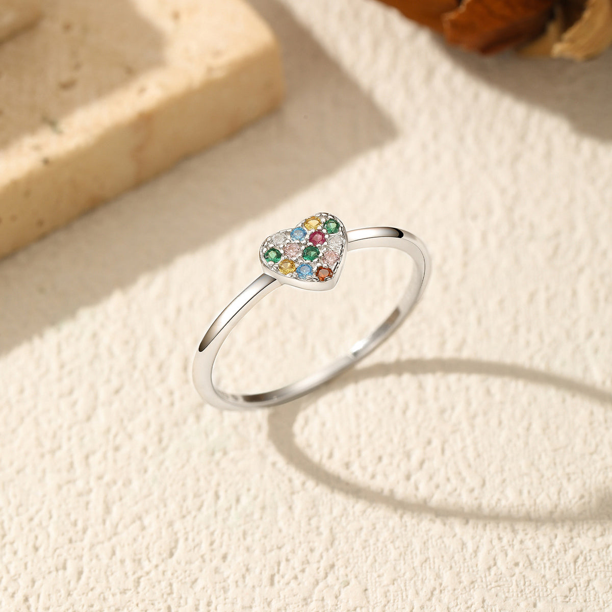 925 Sterling Silver Bow Heart Rainbow Zircon Ring