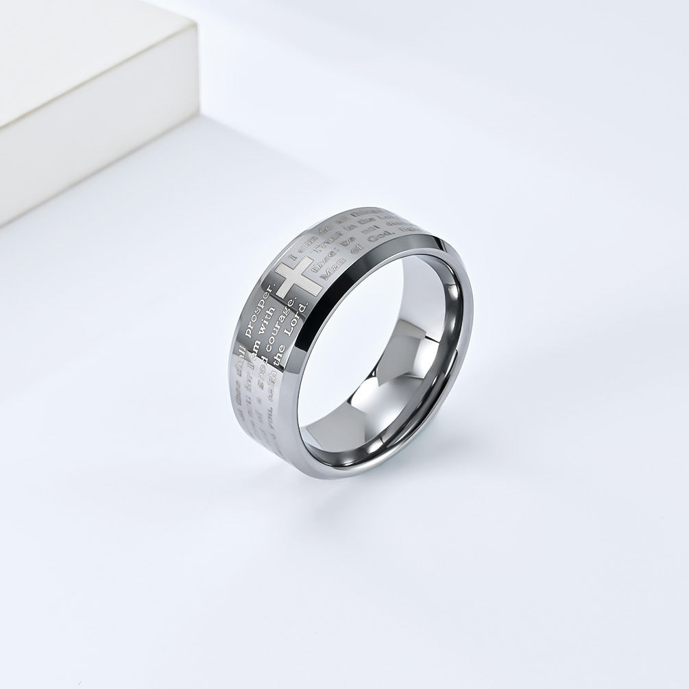 Cross-Border E-Commerce Laser Cross Scripture Tungsten Ring for Men