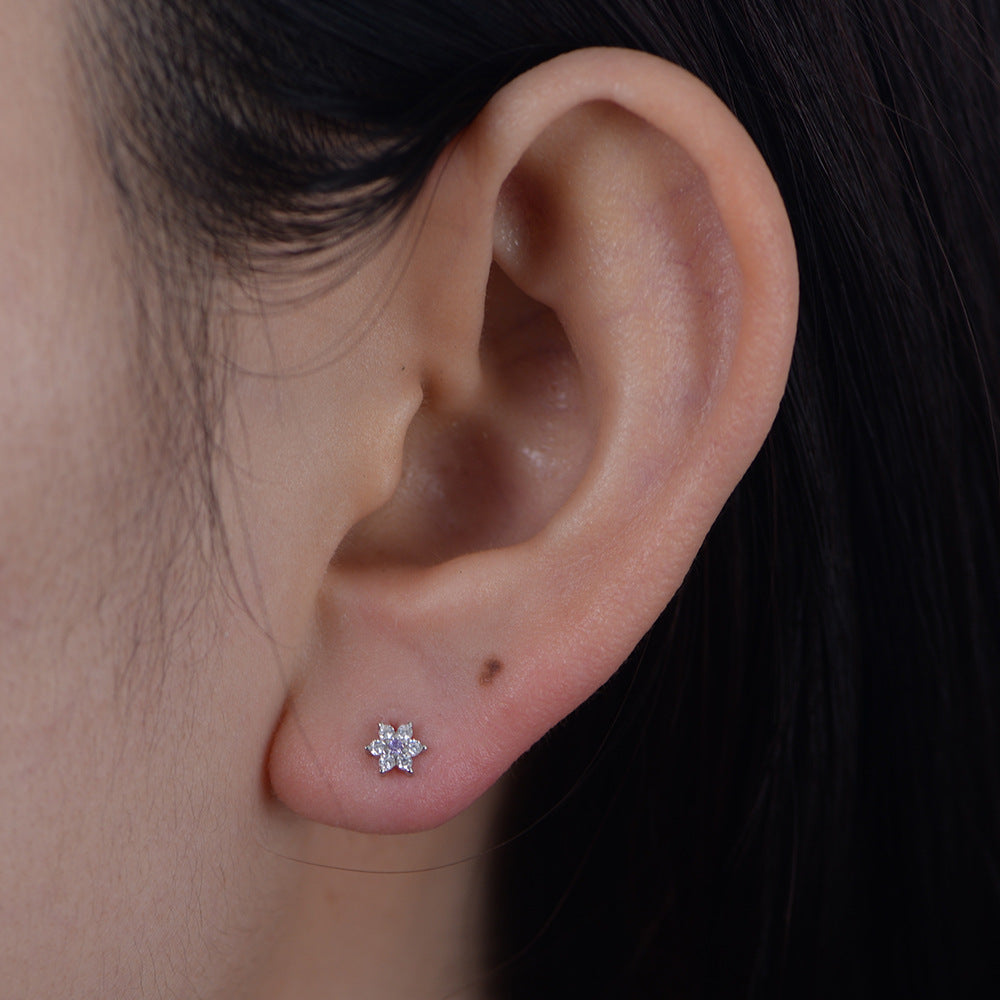 S925 Sterling Silver Star Flower Inlaid Zircon Cartilage Spiral Puncture Stud Earrings Stacked