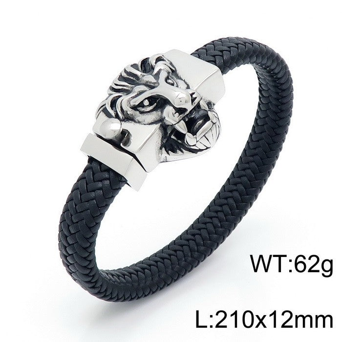 Planderful Wolf Head Leather Bracelet For Men Personalized