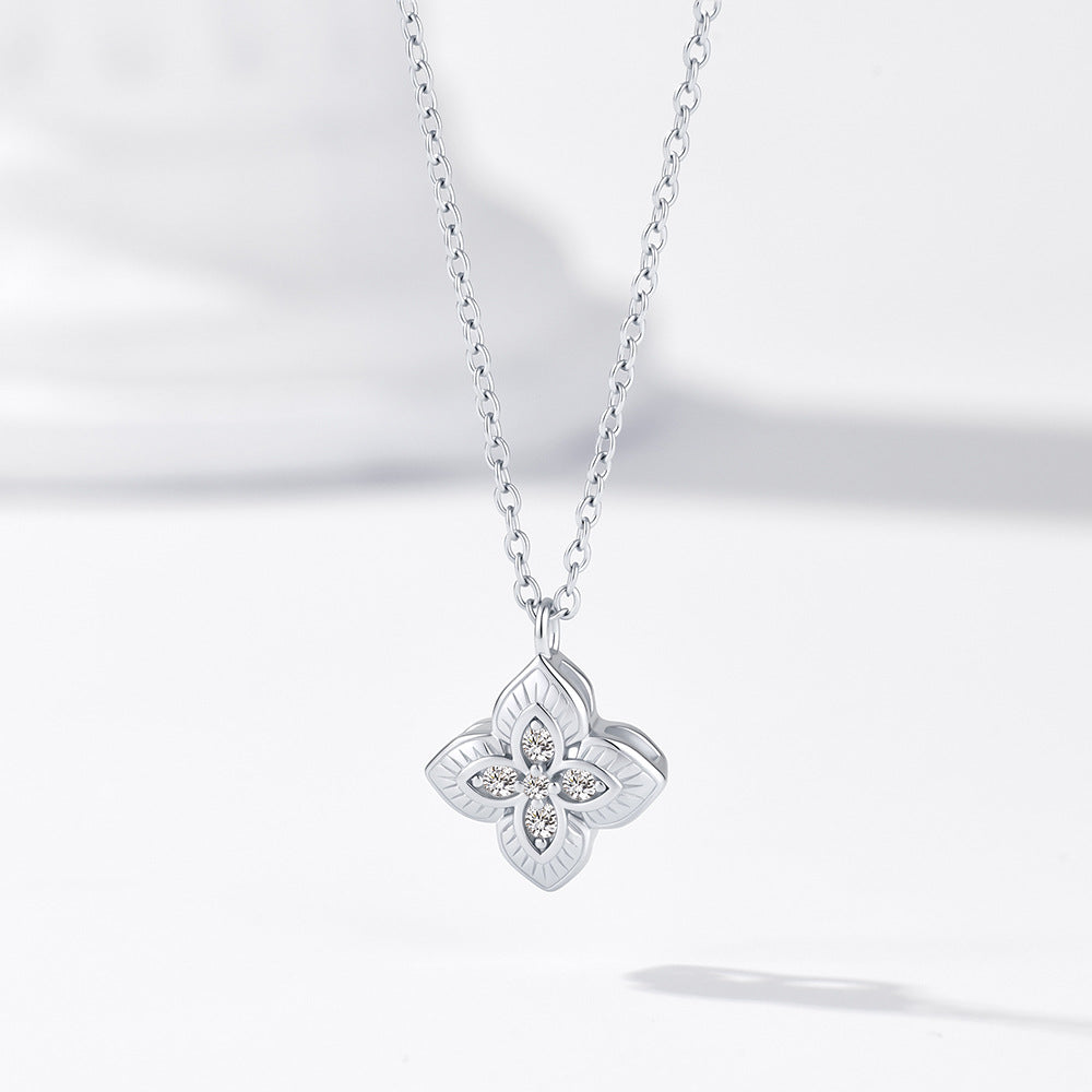 Wind Four-Leaf Clover Pendant Necklace 925 Sterling Silver Inlaid Zircon