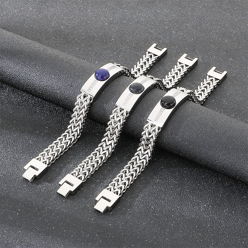 Blue Gold Black Pine Obsidian Inlaid Zircon Curved Bar Front & Back Chain Stainless Bracelet