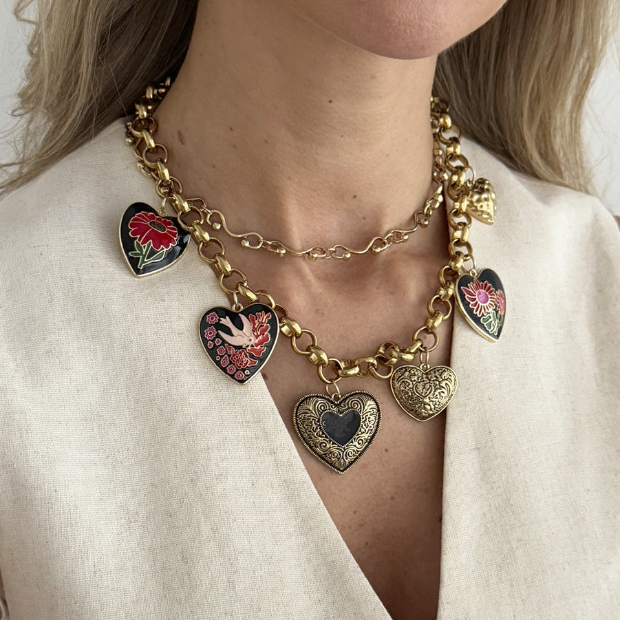 Flower & Heart Gemstone-Style Layered Necklace