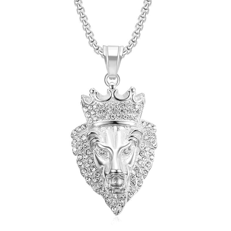 Planderful Hip Hop Lion Necklace Gold Plated Titanium Steel Rhinestone Crown Pendant For Hip Hop Fans