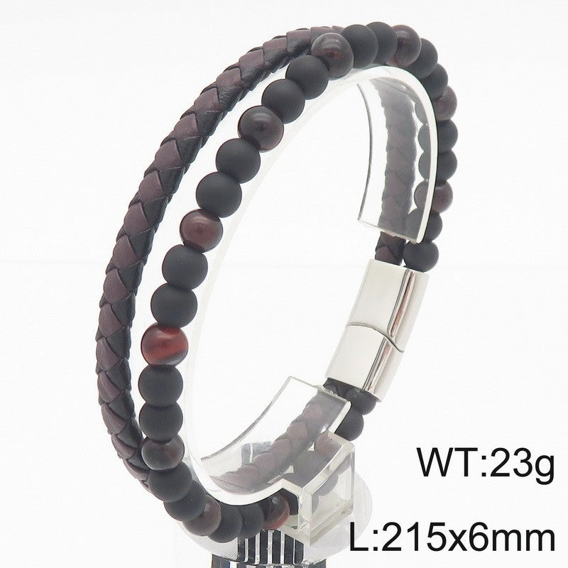 Planderful Men's Leather Bracelet Handwoven Tiger's Eye