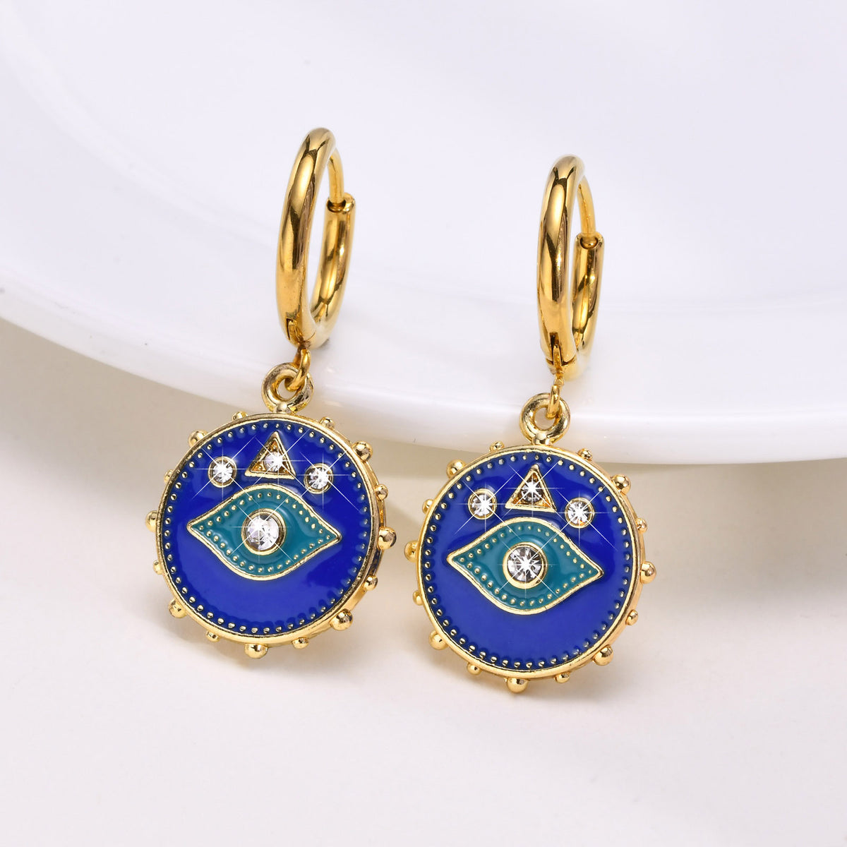 Blue Enamel Evil Eye Charm Hoop Earring