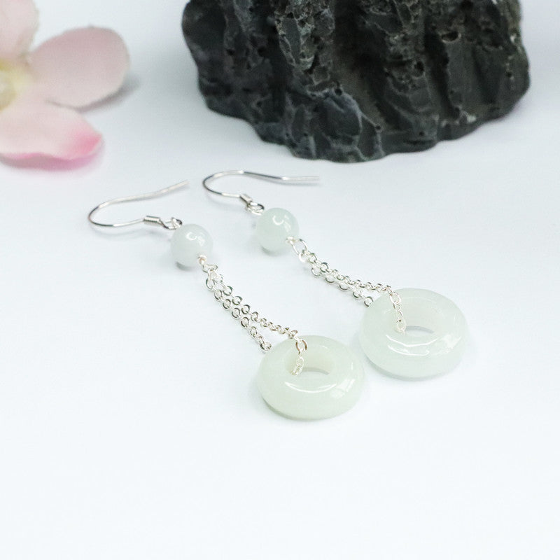 925 Sterling Silver Jadeite Peace Ring Hook Earrings